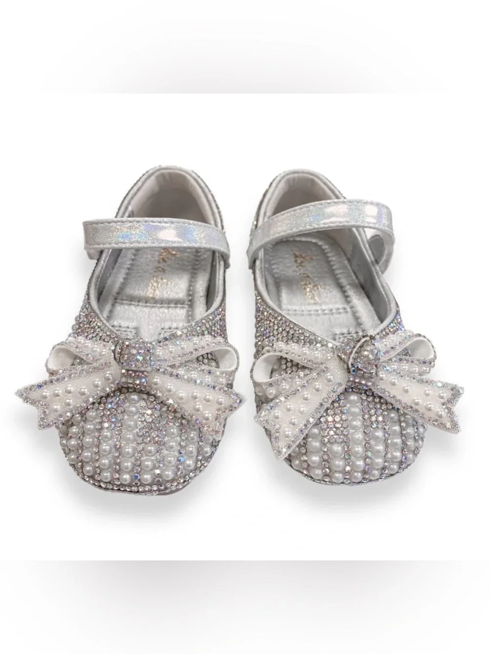 Doe A Dear Girls Silver Pearls and Rhinestones Bows Mary Jane Shoes 22/6 NWT